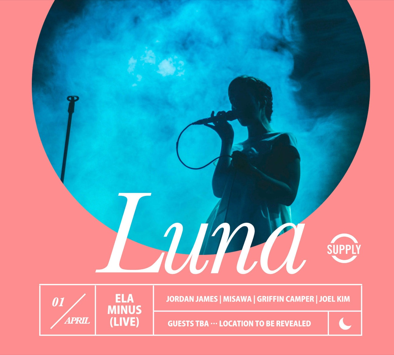 Flyer for LUNA, a Supply New York event featuring Ela Minus live, with Misawa on the bill.